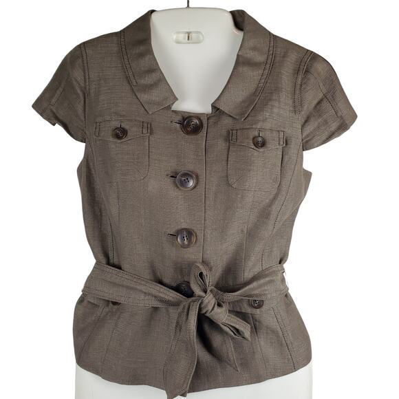 Ann Taylor Brown Linen Blend Belted Preppy Blazer Sz 4P Old Money Quiet Luxury - Picture 1 of 10